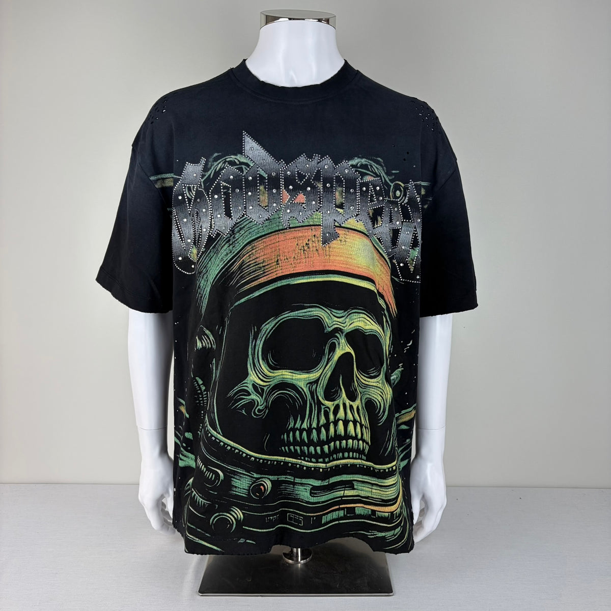 GODSPEED Distressed Rhinestone Logo Skull Astronaut/Spaceship Graphic T-shirt