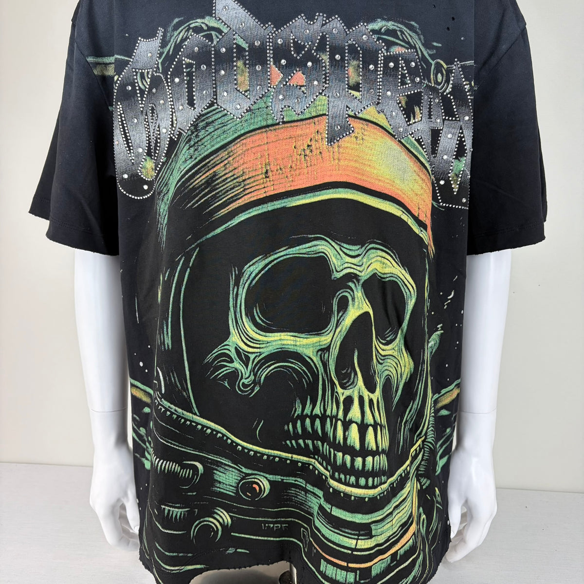 GODSPEED Distressed Rhinestone Logo Skull Astronaut/Spaceship Graphic T-shirt