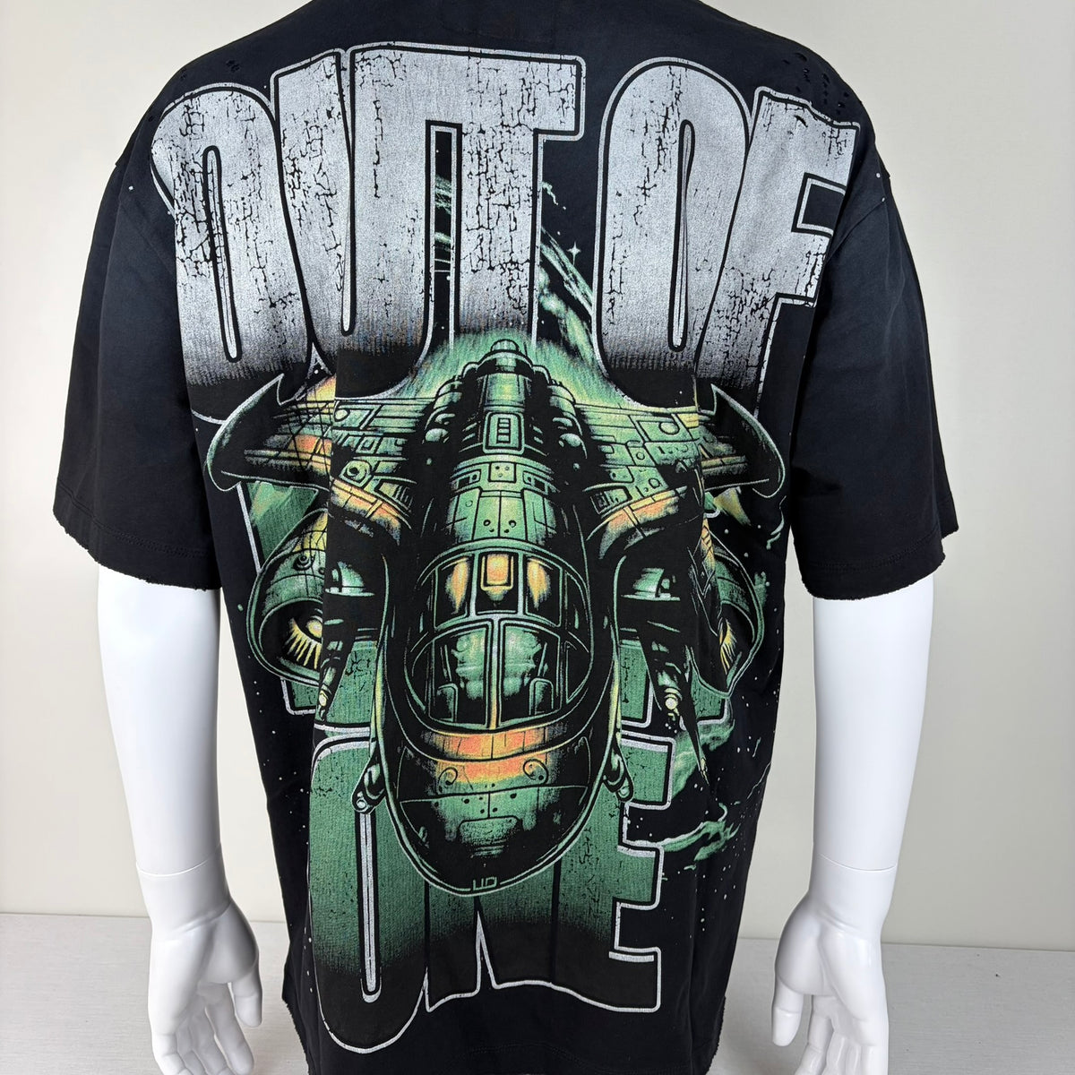 GODSPEED Distressed Rhinestone Logo Skull Astronaut/Spaceship Graphic T-shirt