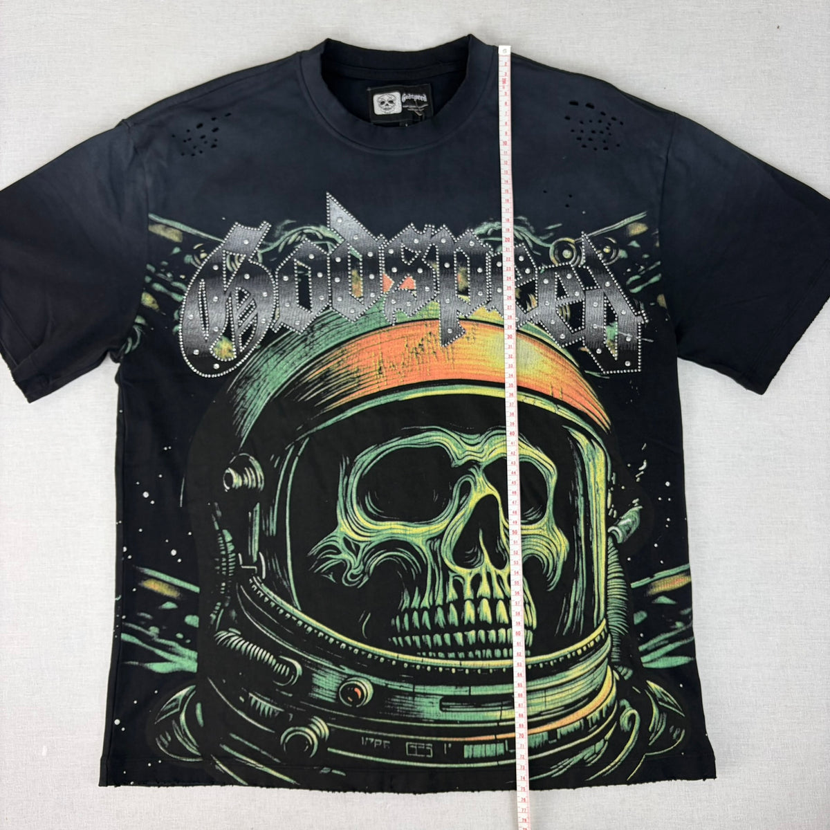 GODSPEED Distressed Rhinestone Logo Skull Astronaut/Spaceship Graphic T-shirt