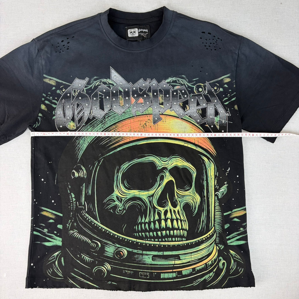 GODSPEED Distressed Rhinestone Logo Skull Astronaut/Spaceship Graphic T-shirt