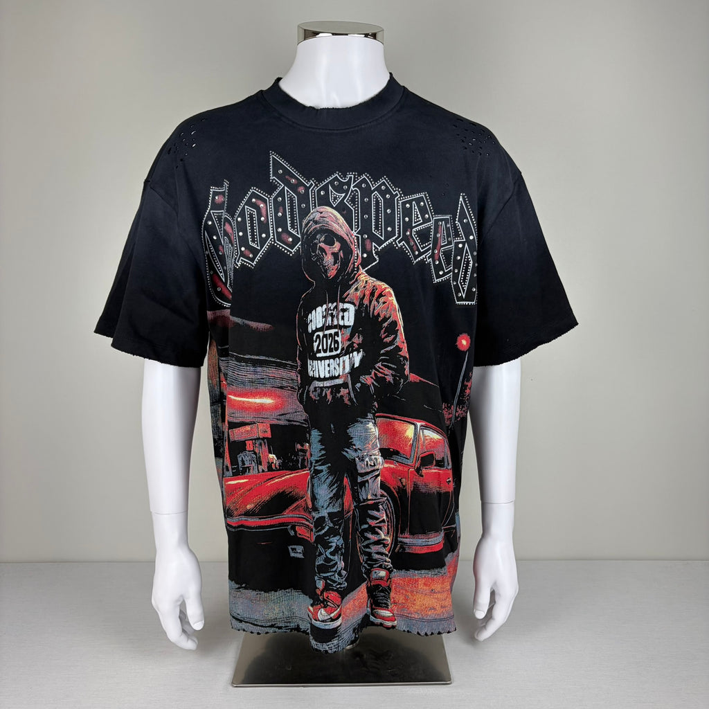 GODSPEED Distressed Rhinestone Logo Skull Hoodie Graphic T-shirt