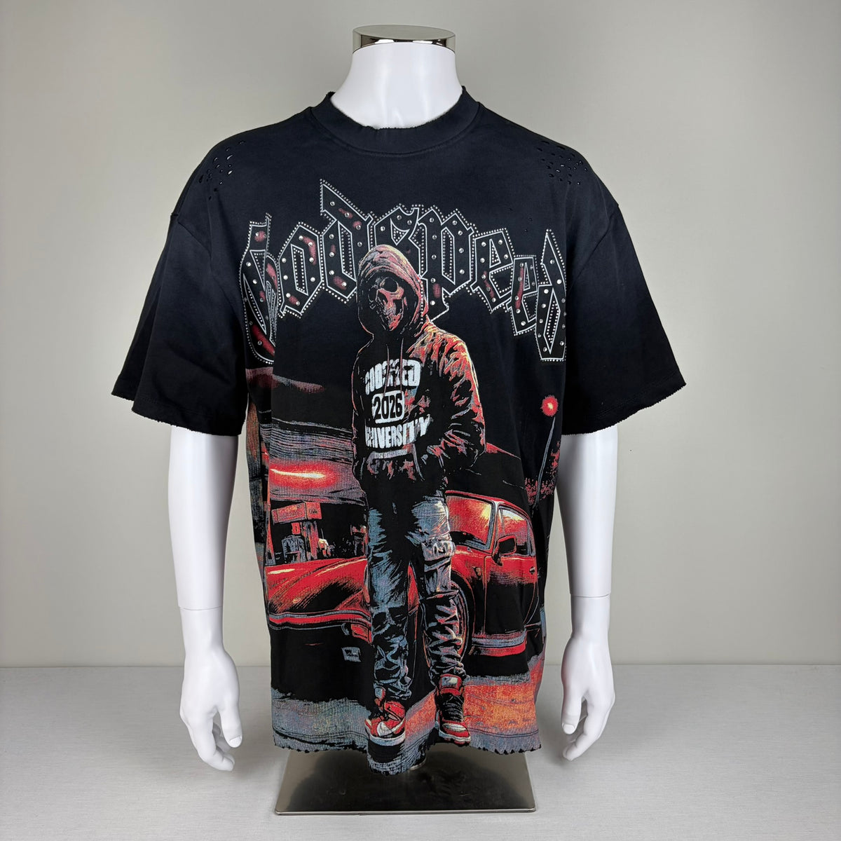 GODSPEED Distressed Rhinestone Logo Skull Hoodie Graphic T-shirt