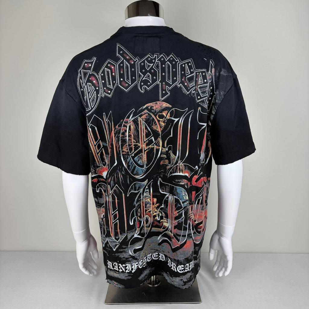 GODSPEED Distressed Rhinestone Logo Skull Hoodie Graphic T-shirt