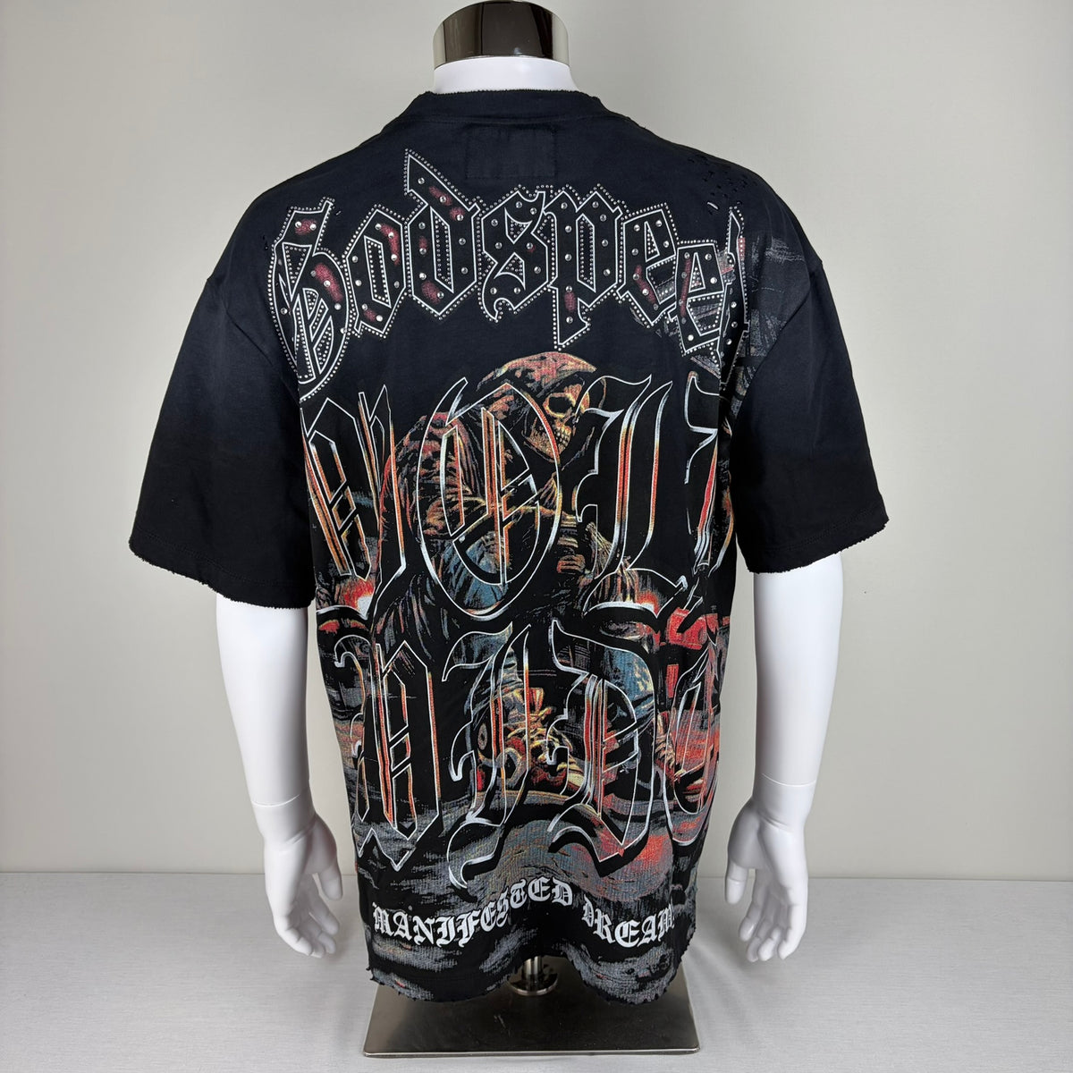 GODSPEED Distressed Rhinestone Logo Skull Hoodie Graphic T-shirt
