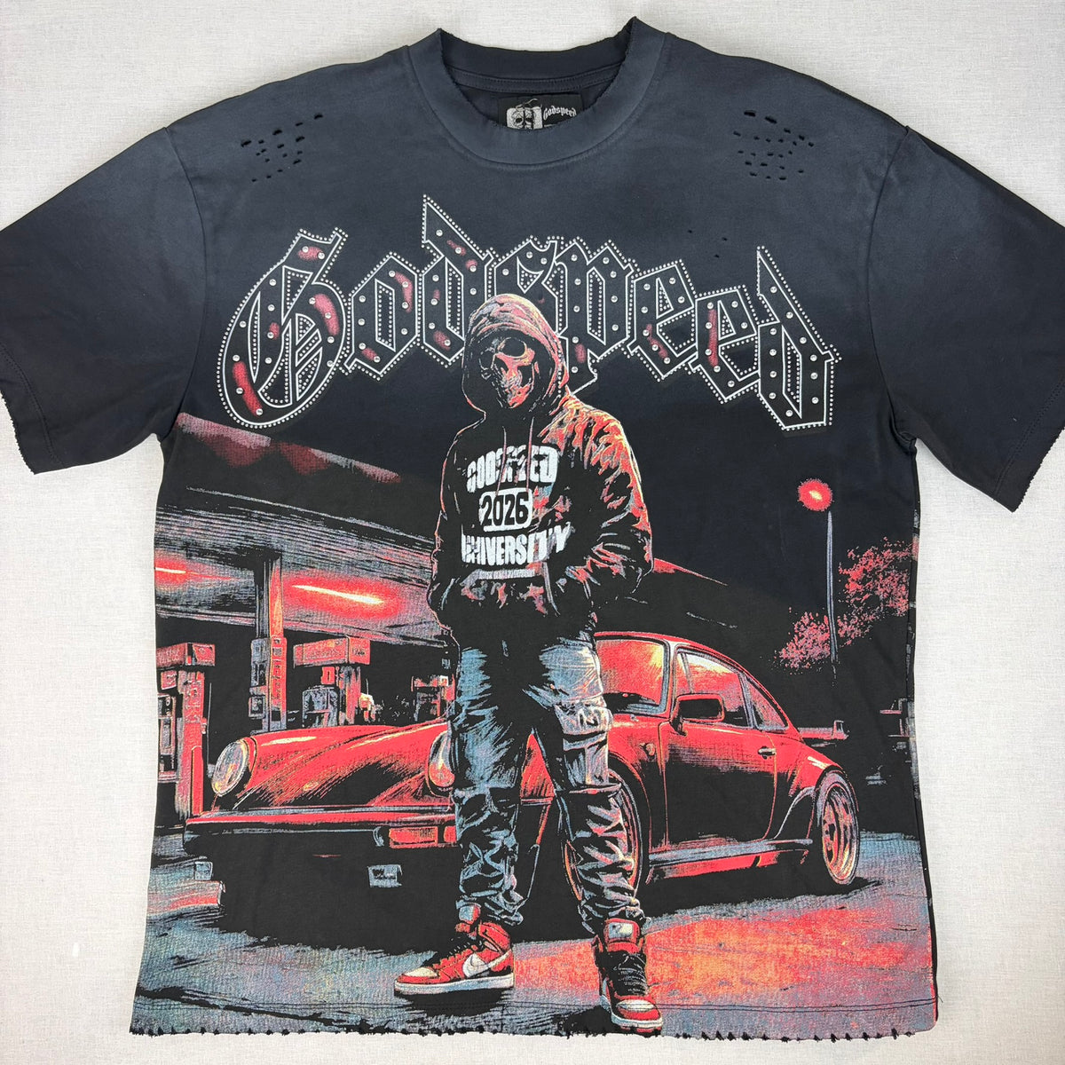 GODSPEED Distressed Rhinestone Logo Skull Hoodie Graphic T-shirt