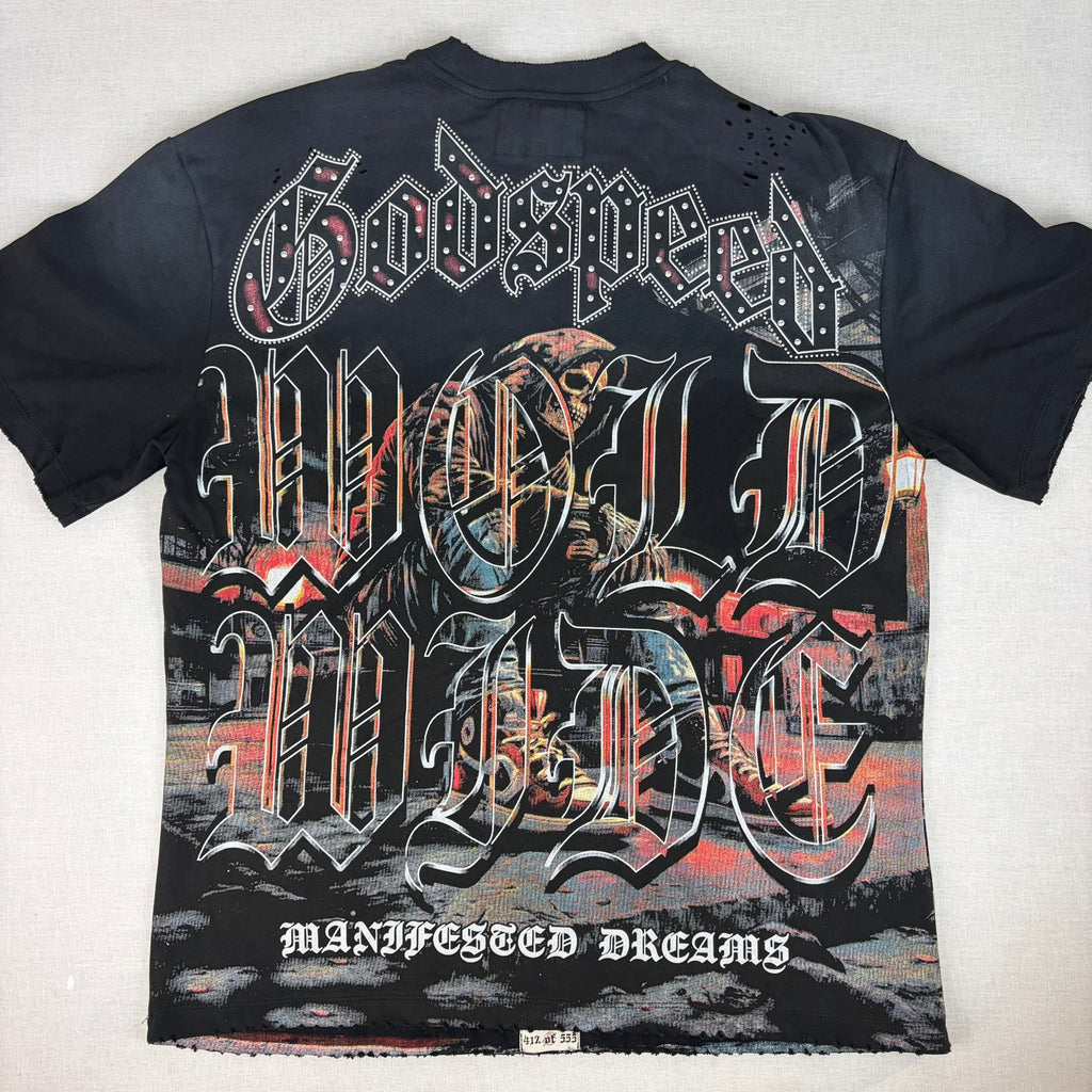 GODSPEED Distressed Rhinestone Logo Skull Hoodie Graphic T-shirt
