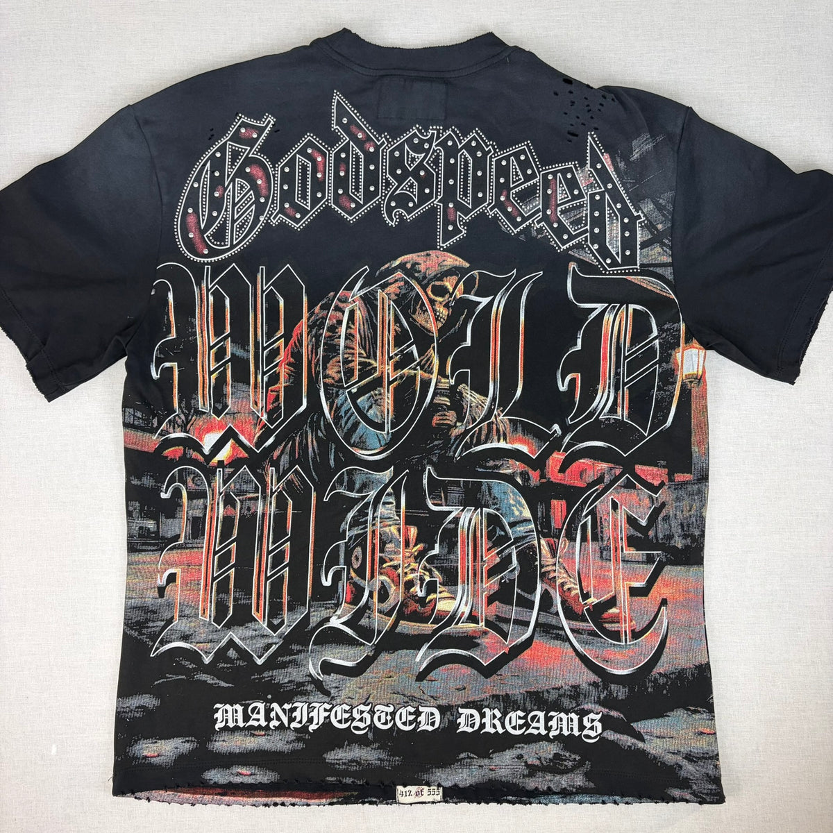 GODSPEED Distressed Rhinestone Logo Skull Hoodie Graphic T-shirt