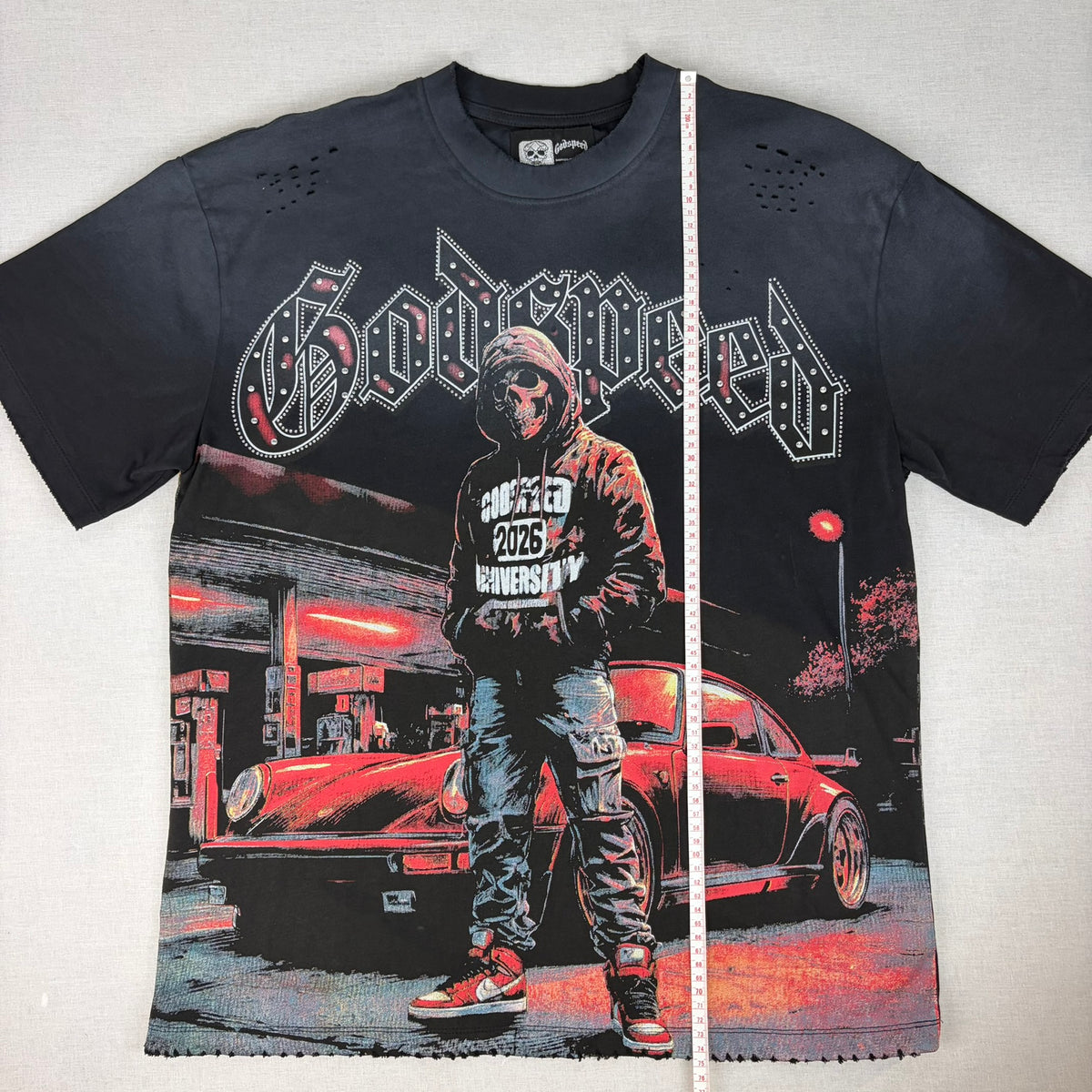 GODSPEED Distressed Rhinestone Logo Skull Hoodie Graphic T-shirt