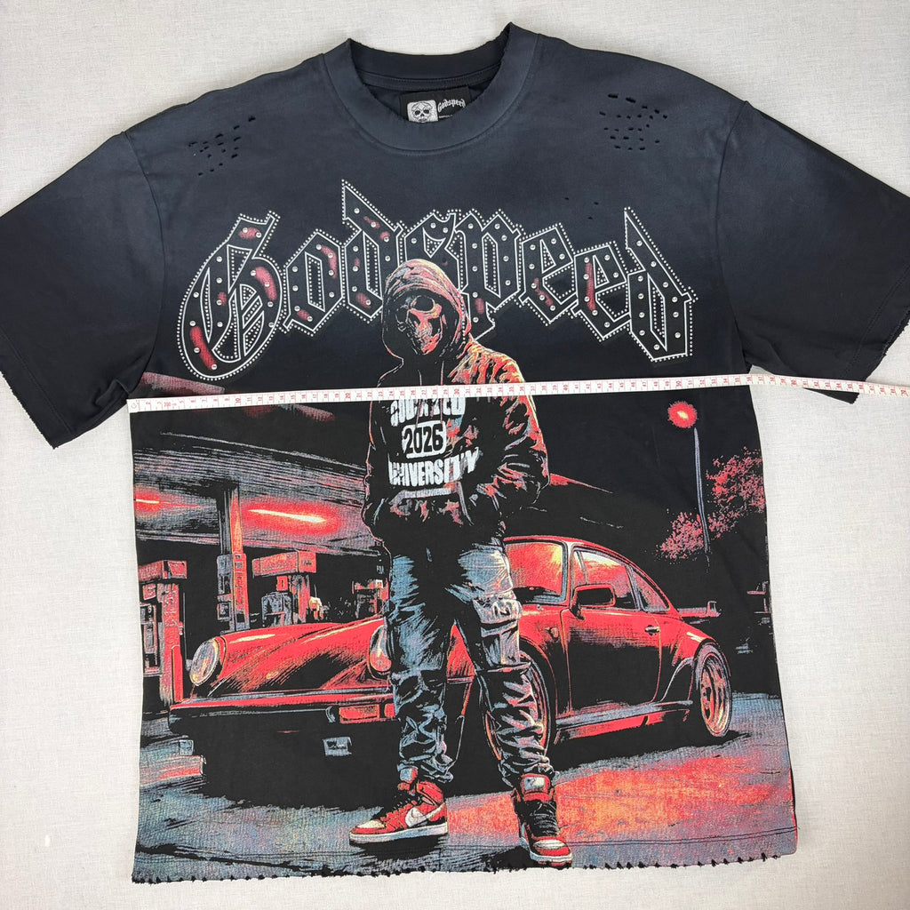 GODSPEED Distressed Rhinestone Logo Skull Hoodie Graphic T-shirt