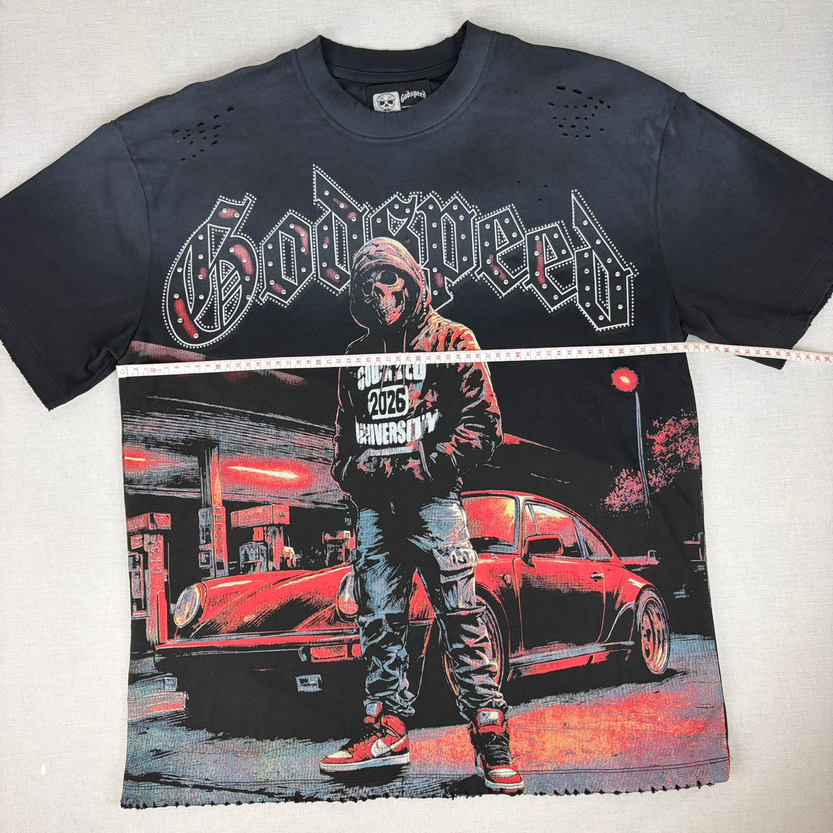 GODSPEED Distressed Rhinestone Logo Skull Hoodie Graphic T-shirt