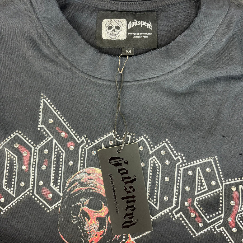 GODSPEED Distressed Rhinestone Logo Skull Hoodie Graphic T-shirt