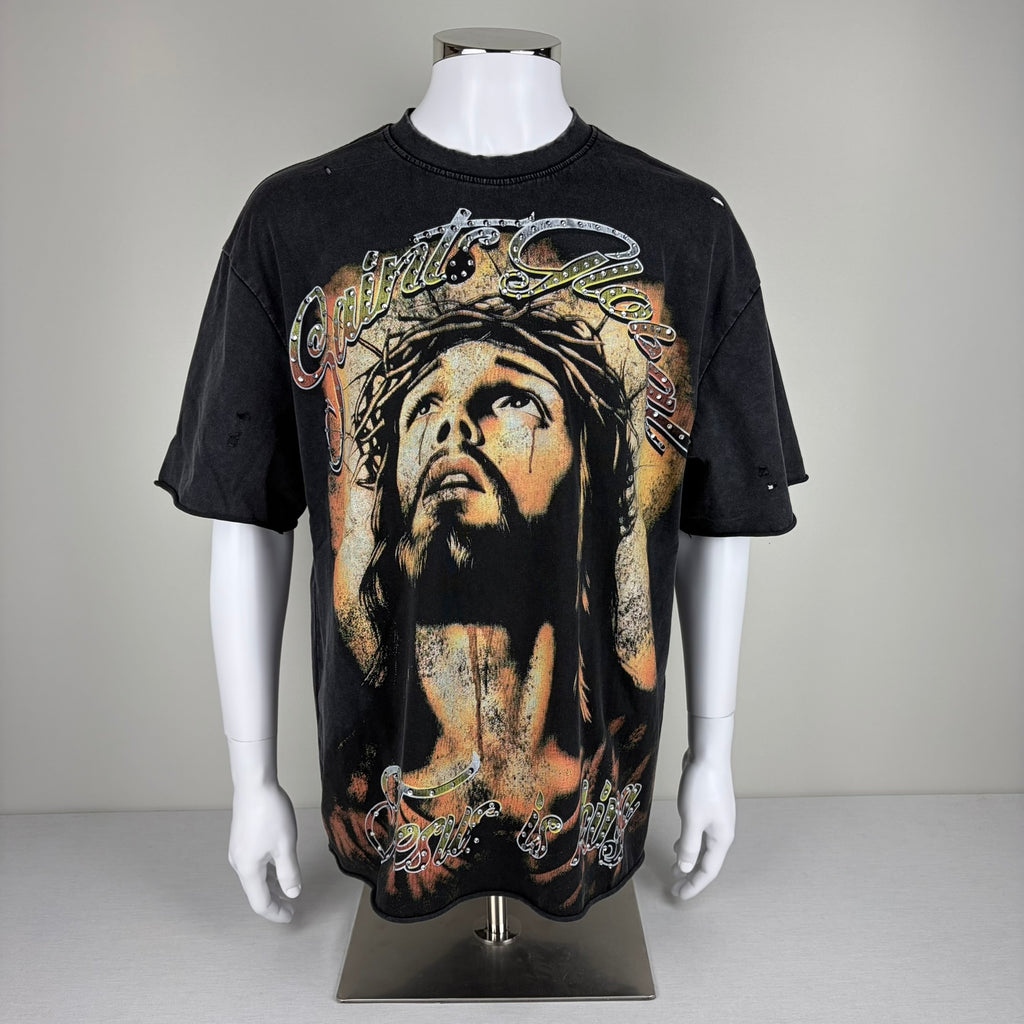 SAINT GLOBAL Distressed Rhinestone “Jesus is King” Graphic T-shirt