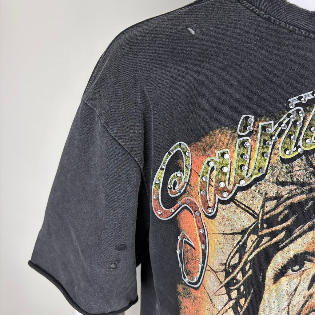 SAINT GLOBAL Distressed Rhinestone “Jesus is King” Graphic T-shirt