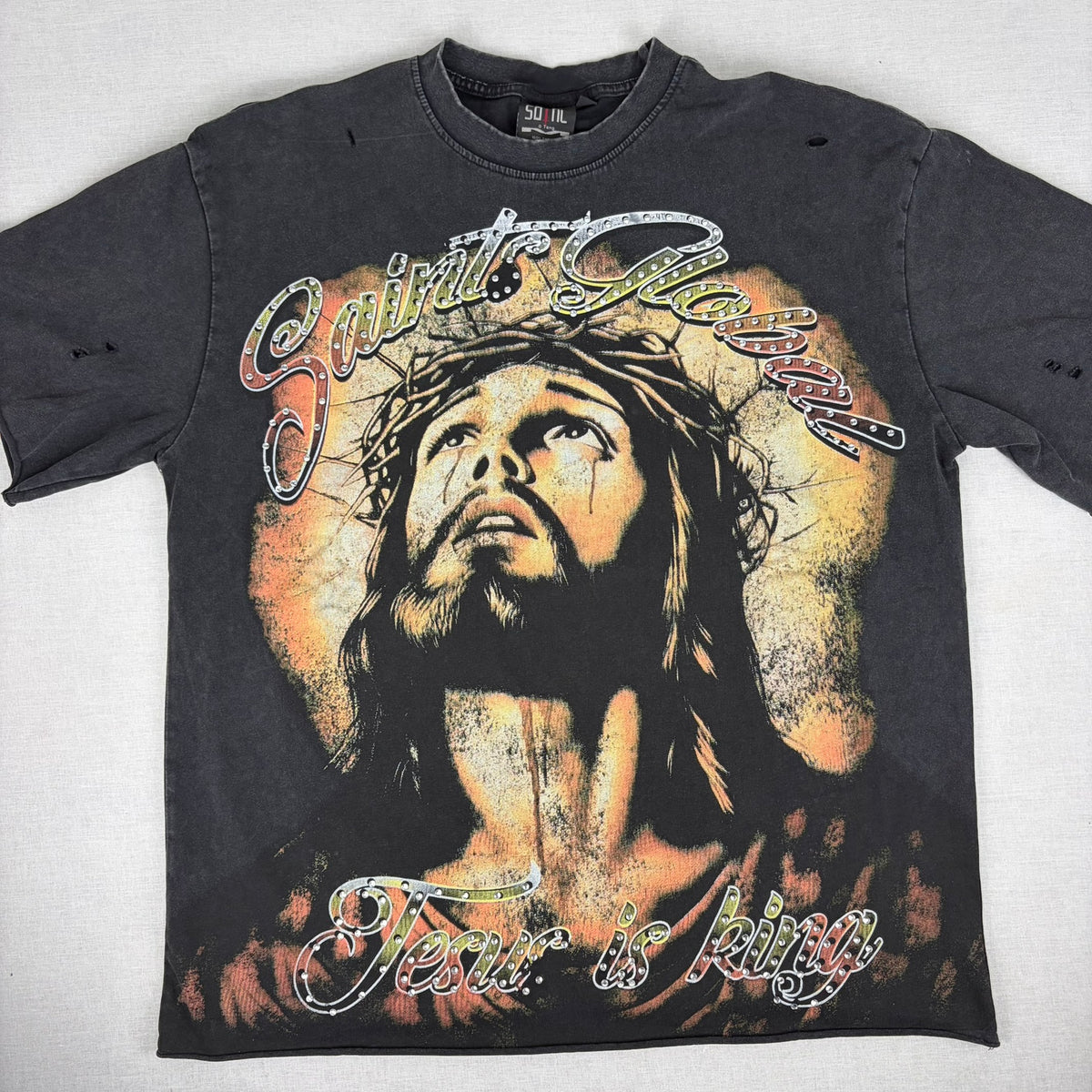 SAINT GLOBAL Distressed Rhinestone “Jesus is King” Graphic T-shirt