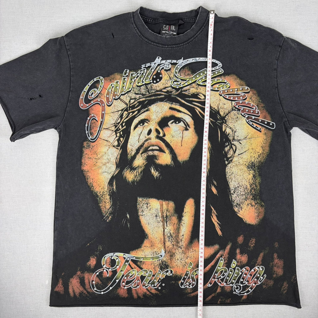 SAINT GLOBAL Distressed Rhinestone “Jesus is King” Graphic T-shirt