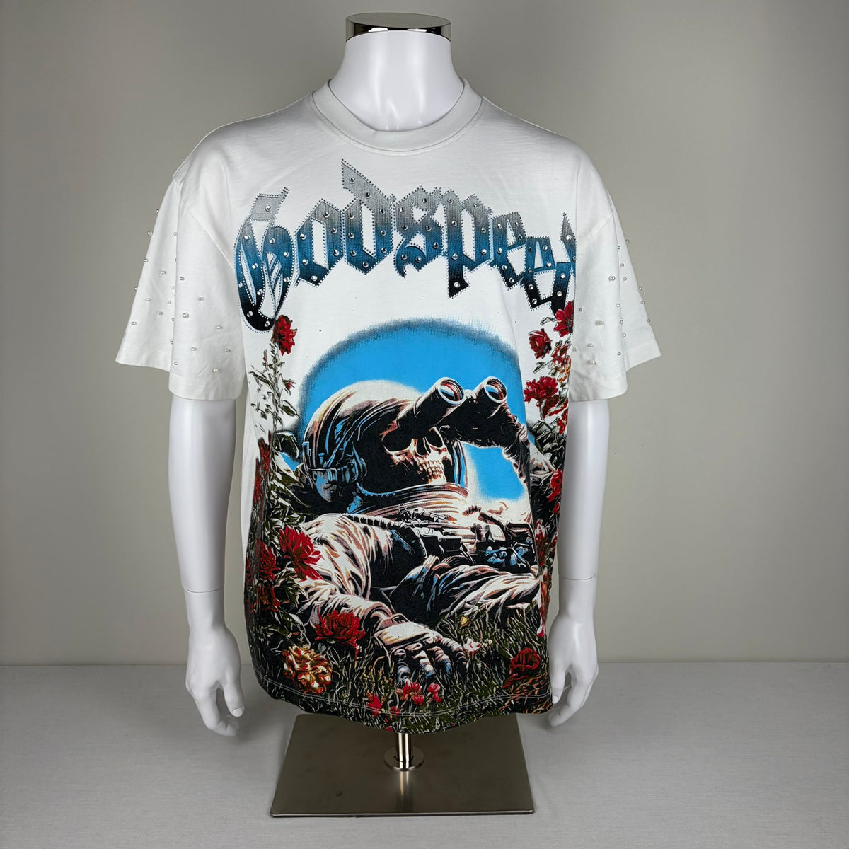 GODSPEED Bedazzled/Rhinestone Embellished Skull Astronaut Graphic T-shirt