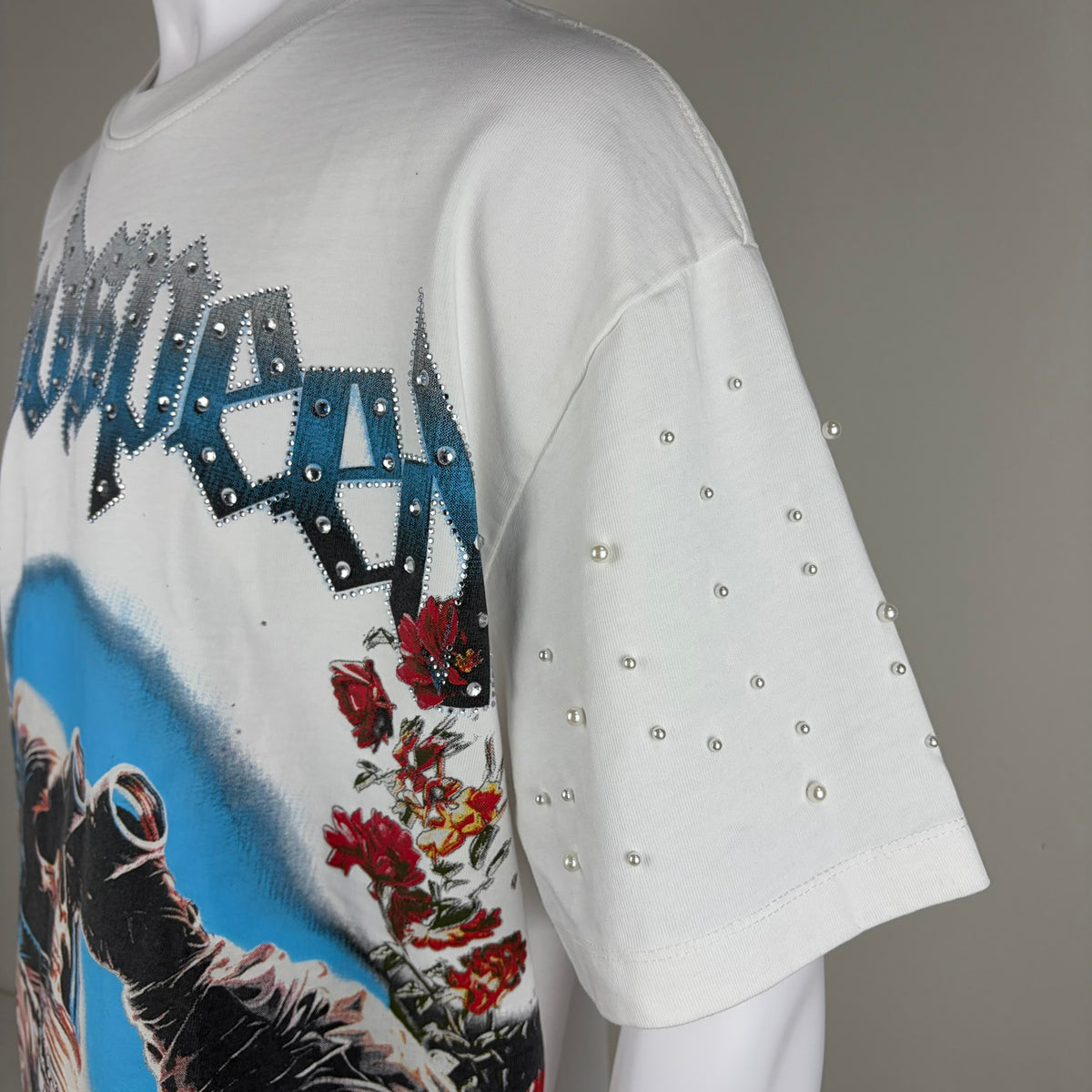 GODSPEED Bedazzled/Rhinestone Embellished Skull Astronaut Graphic T-shirt