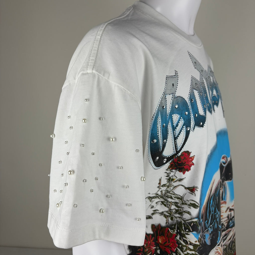 GODSPEED Bedazzled/Rhinestone Embellished Skull Astronaut Graphic T-shirt