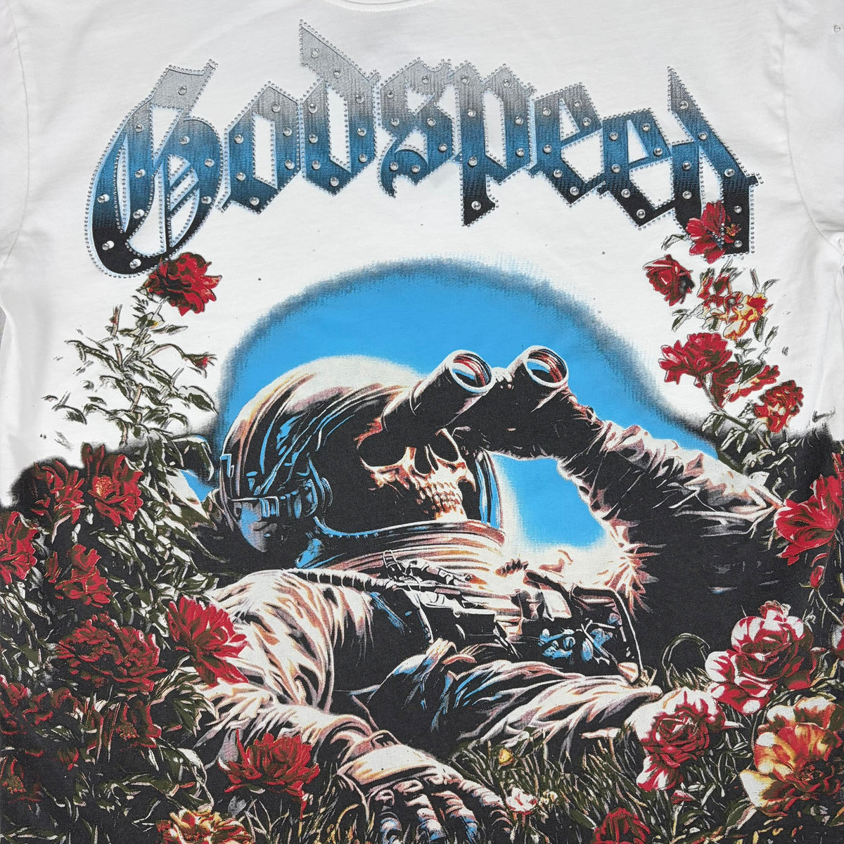GODSPEED Bedazzled/Rhinestone Embellished Skull Astronaut Graphic T-shirt