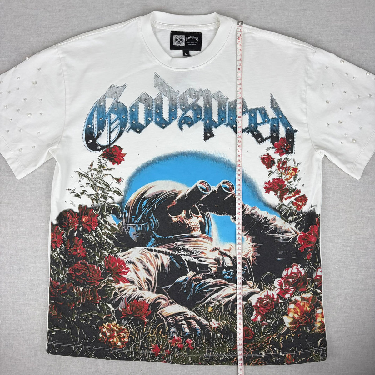 GODSPEED Bedazzled/Rhinestone Embellished Skull Astronaut Graphic T-shirt