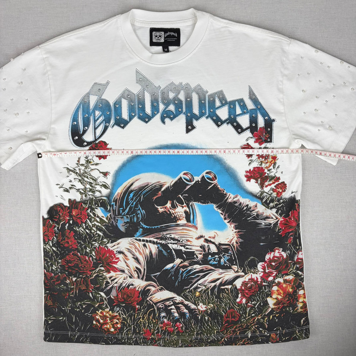 GODSPEED Bedazzled/Rhinestone Embellished Skull Astronaut Graphic T-shirt