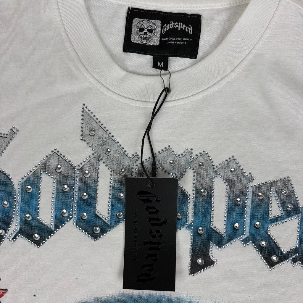 GODSPEED Bedazzled/Rhinestone Embellished Skull Astronaut Graphic T-shirt