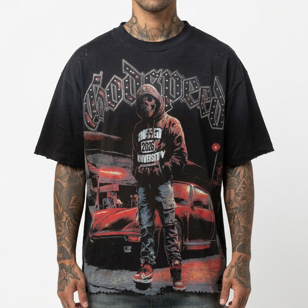 GODSPEED Distressed Rhinestone Logo Skull Hoodie Graphic T-shirt