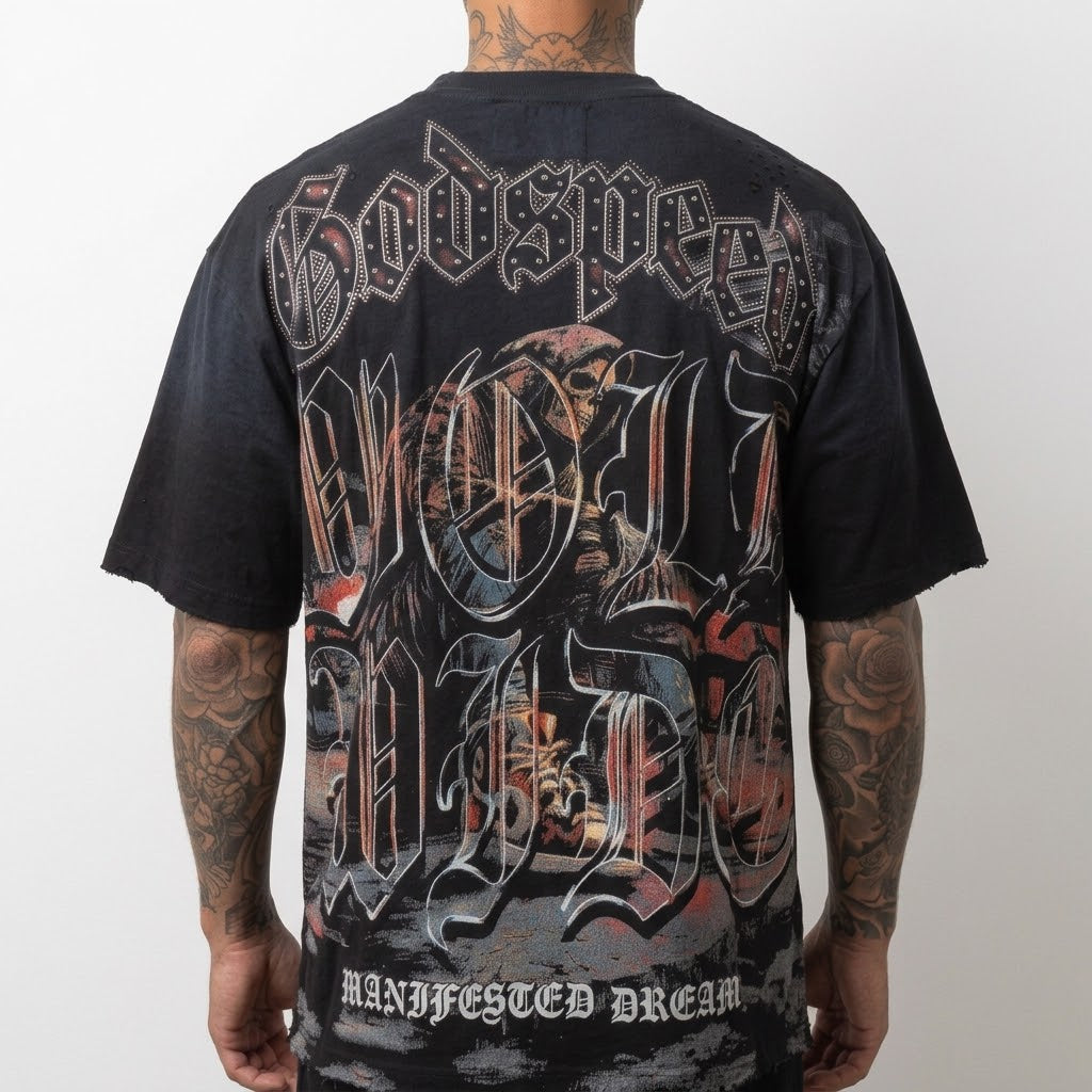GODSPEED Distressed Rhinestone Logo Skull Hoodie Graphic T-shirt