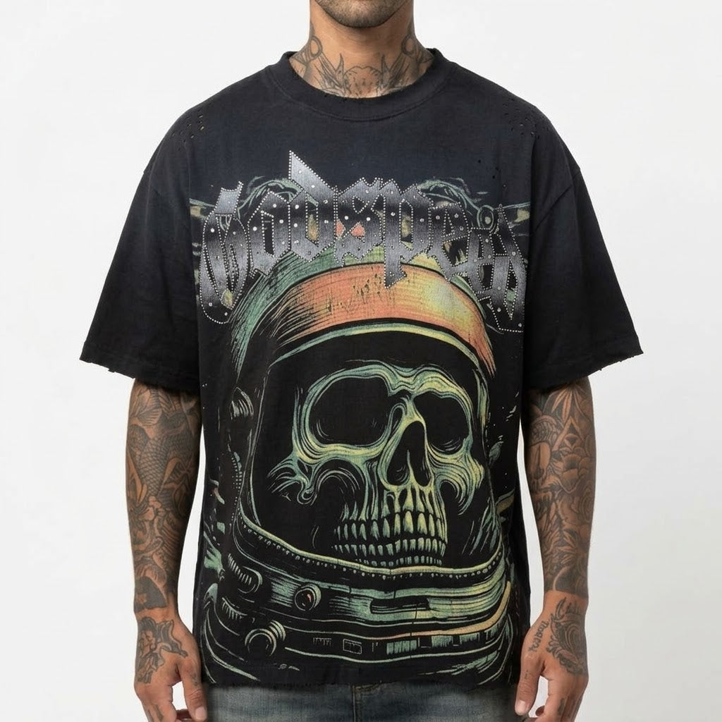 GODSPEED Distressed Rhinestone Logo Skull Astronaut/Spaceship Graphic T-shirt