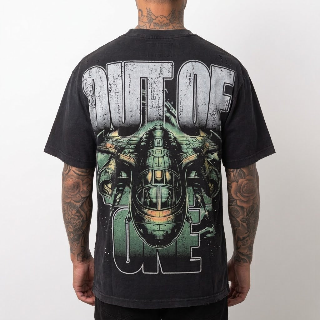 GODSPEED Distressed Rhinestone Logo Skull Astronaut/Spaceship Graphic T-shirt
