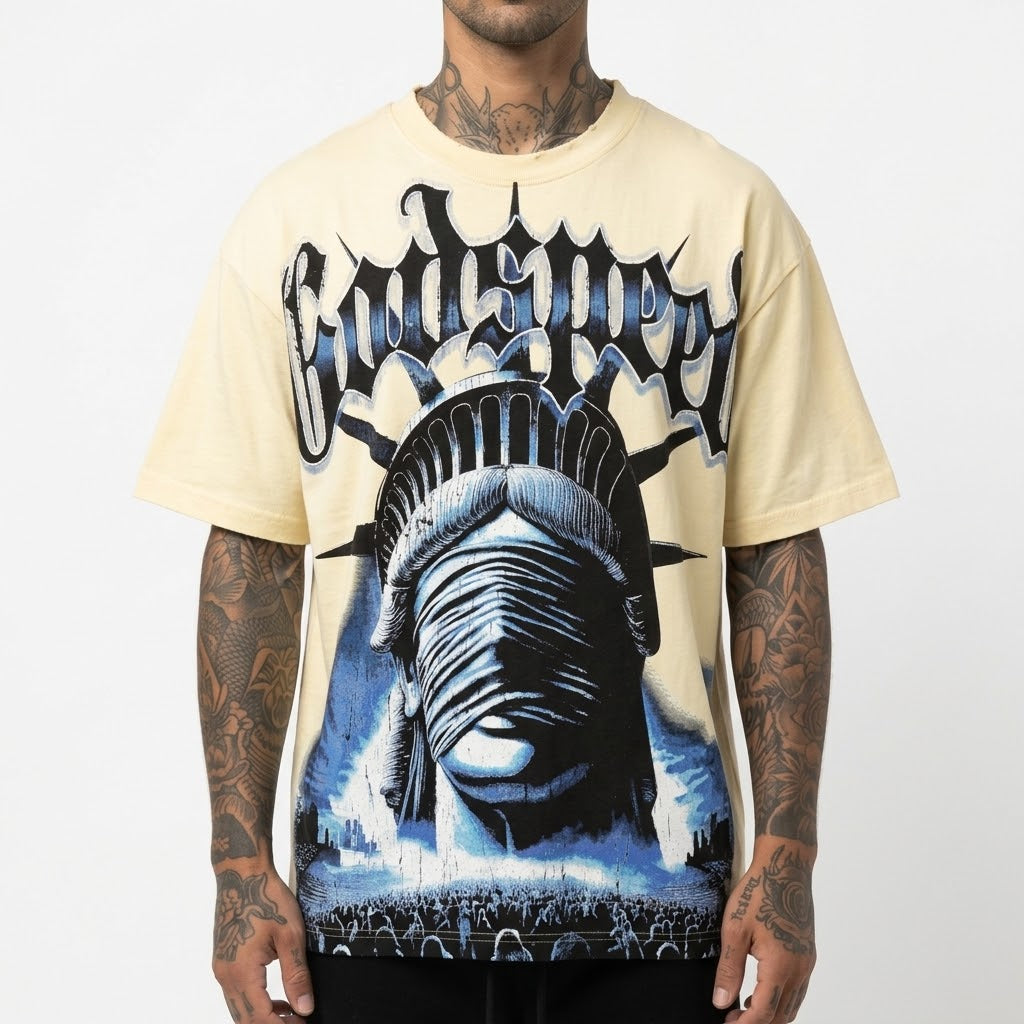 GODSPEED Blindfolded/Masked Lady Liberty Graphic T-shirt