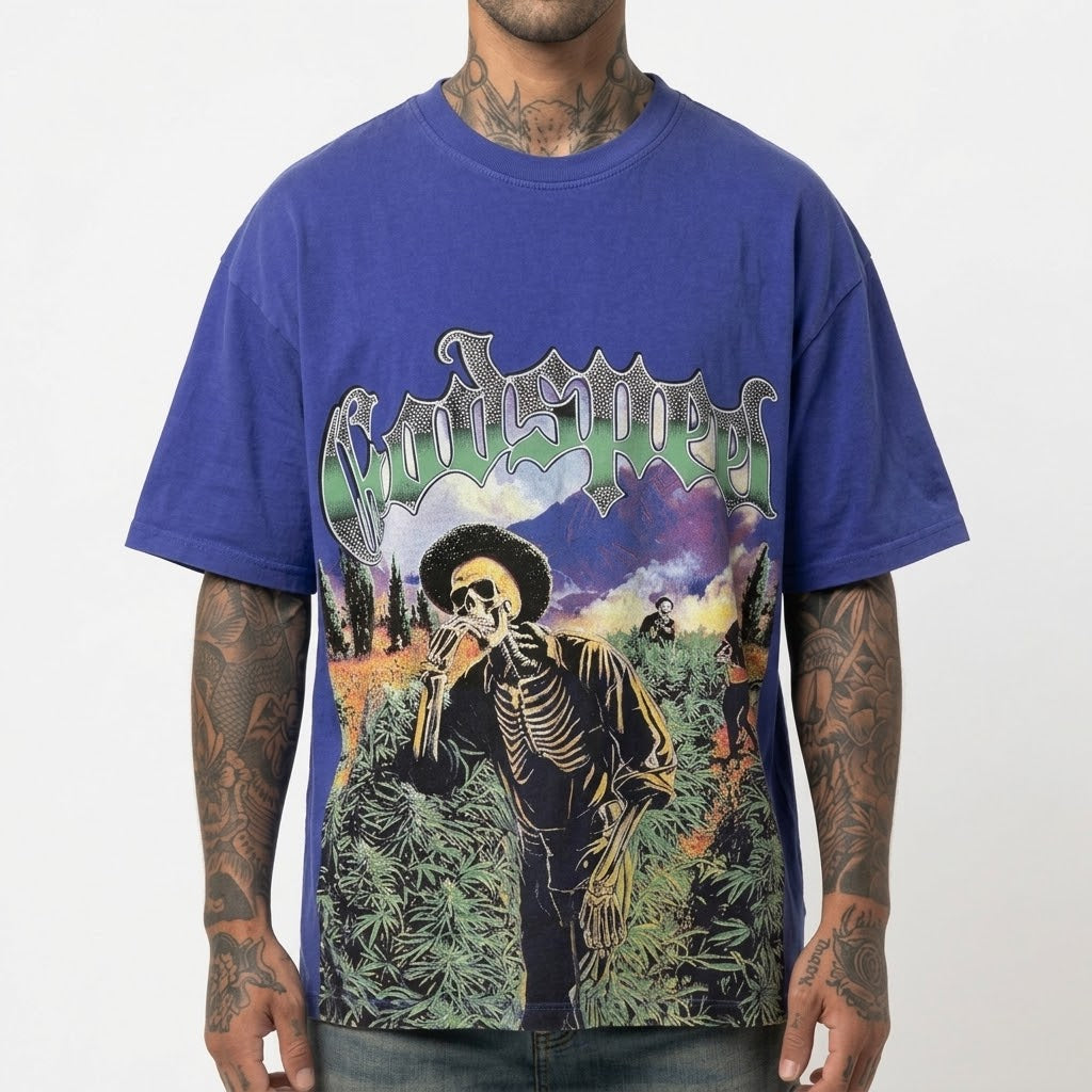 GODSPEED Distressed Rhinestone Logo Skeleton Growers Graphic T-shirt