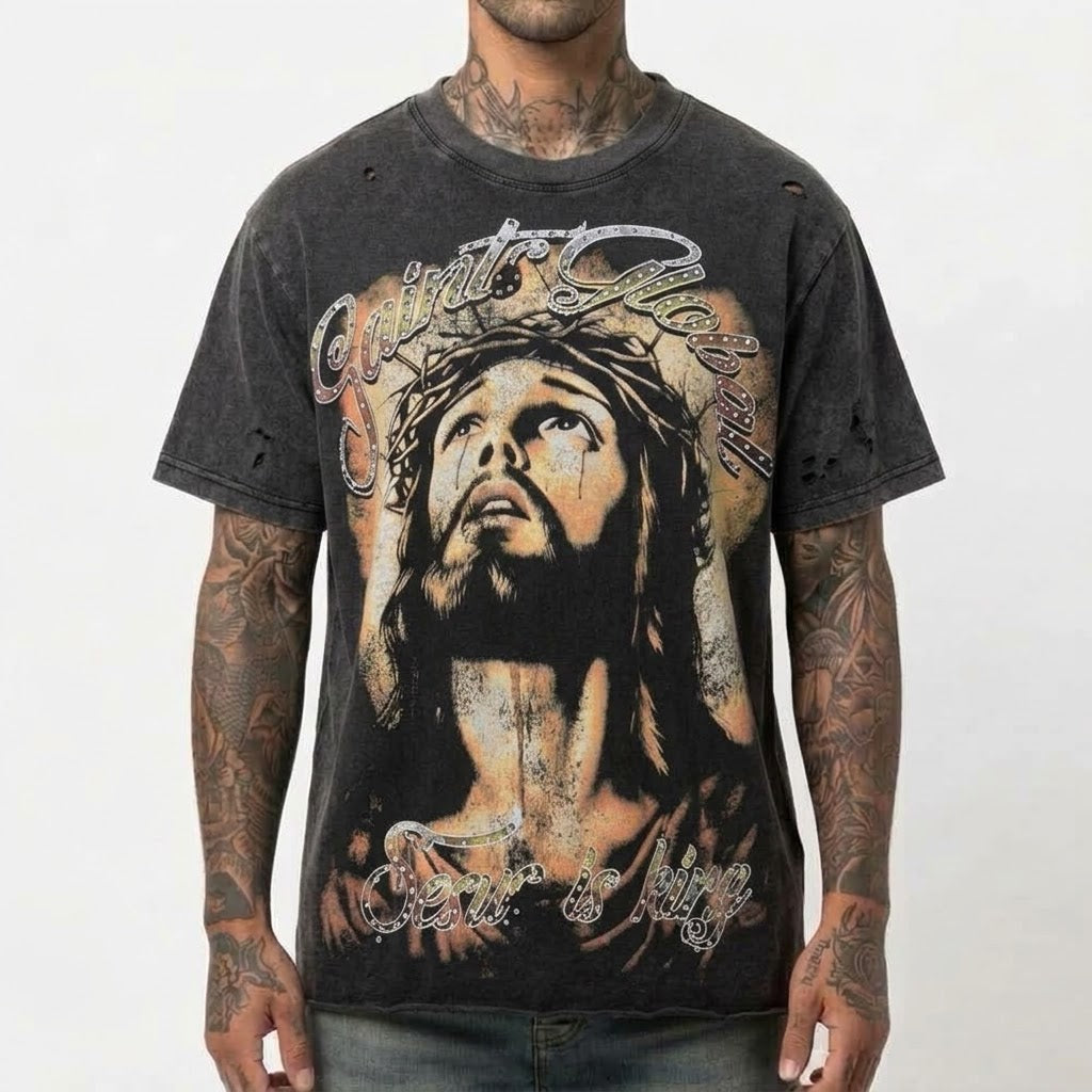 SAINT GLOBAL Distressed Rhinestone “Jesus is King” Graphic T-shirt