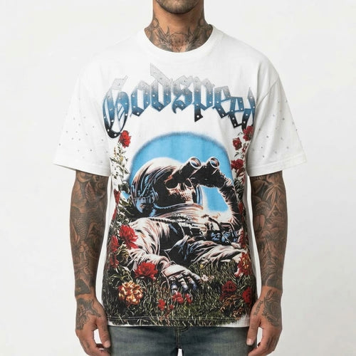 GODSPEED Bedazzled/Rhinestone Embellished Skull Astronaut Graphic T-shirt