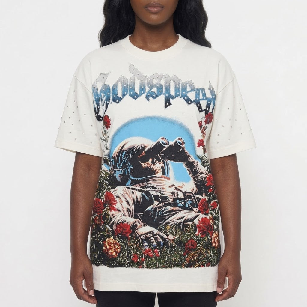 GODSPEED Bedazzled/Rhinestone Embellished Skull Astronaut Graphic T-shirt
