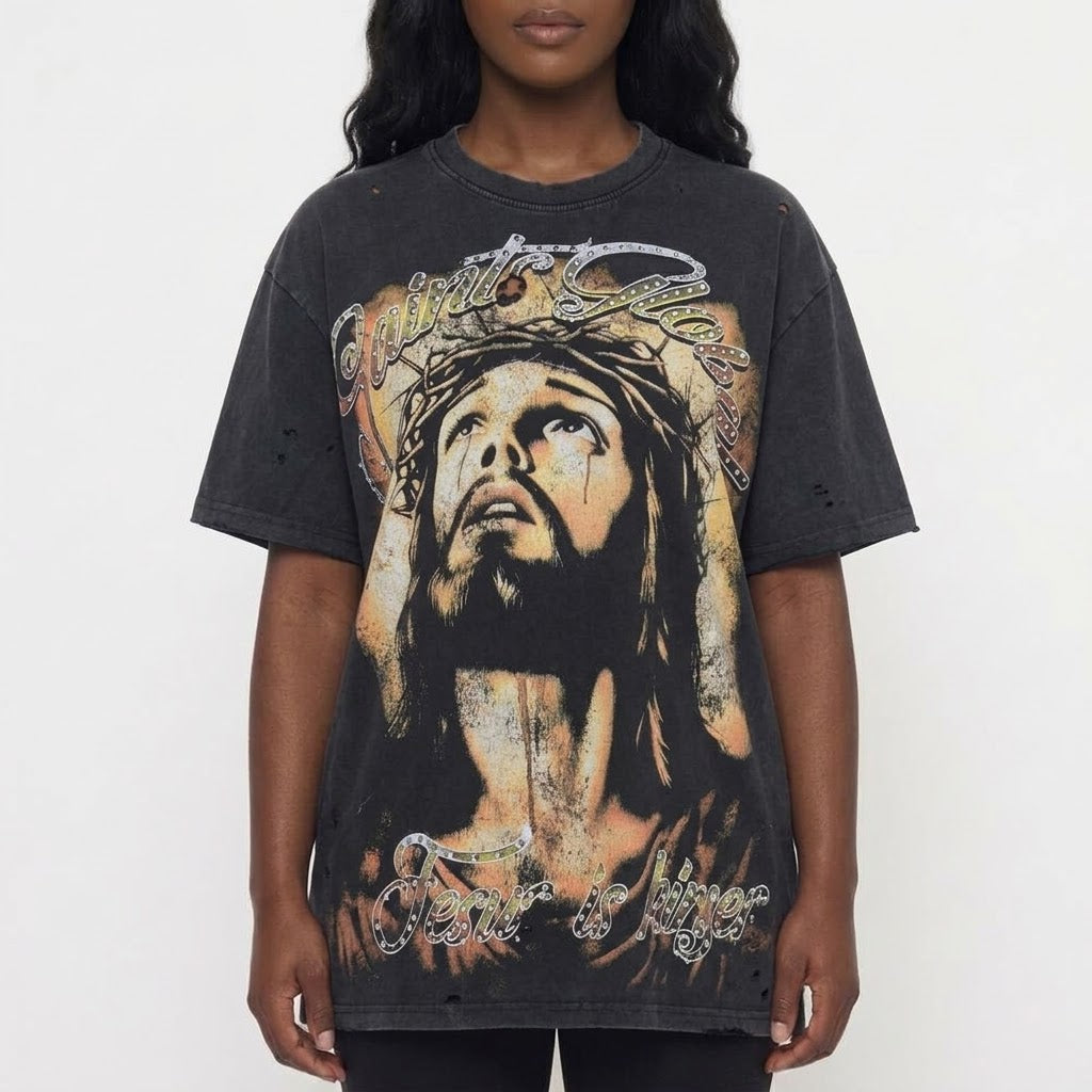 SAINT GLOBAL Distressed Rhinestone “Jesus is King” Graphic T-shirt
